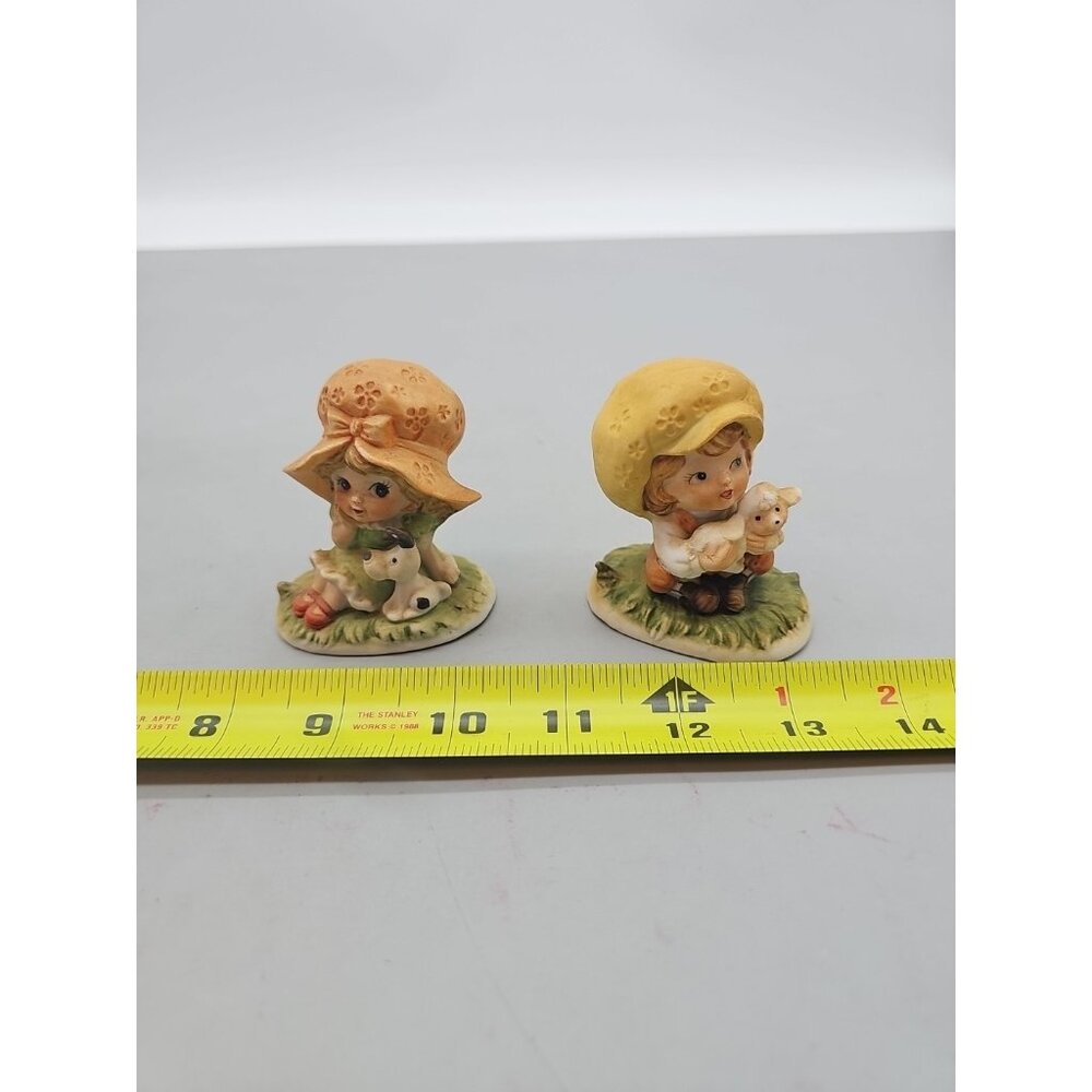 Vintage LEFTON Porcelain GIRL w LAMB YELLOW HAT 3"h Figurine #690 Girl Dog  #693